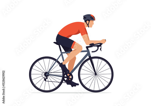Cyclist with helmet rides a bicycle set against a plain background