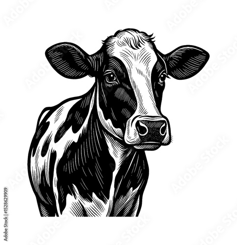Close up portrait of a black and white cow with detailed engraving style.