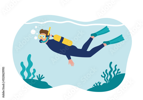 Diver in blue suit with yellow tank and fins swims above coral making bubbles in blue water