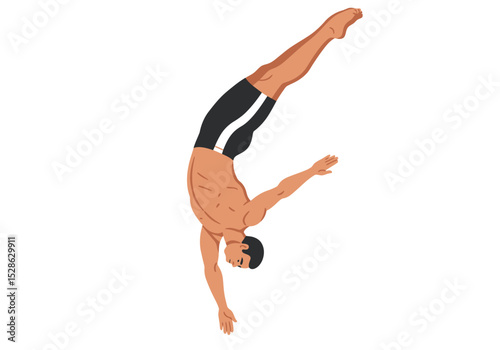 Diver upside down black trunks with white stripe tan skin arms extended against a white background