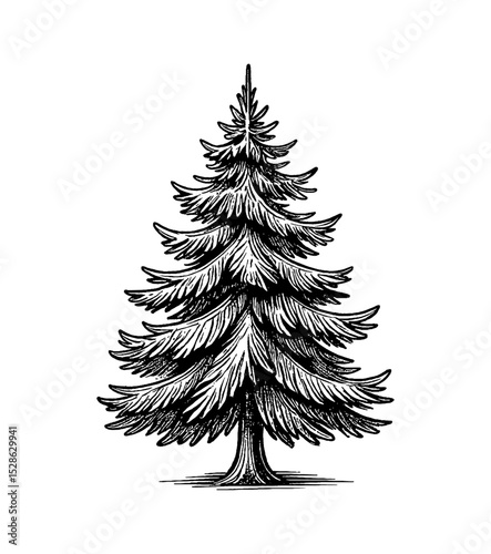 Detailed Hand Drawn Engraving of a Christmas Tree in Black and White Isolated on White