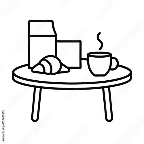Simple line drawing breakfast table coffee croissant milk