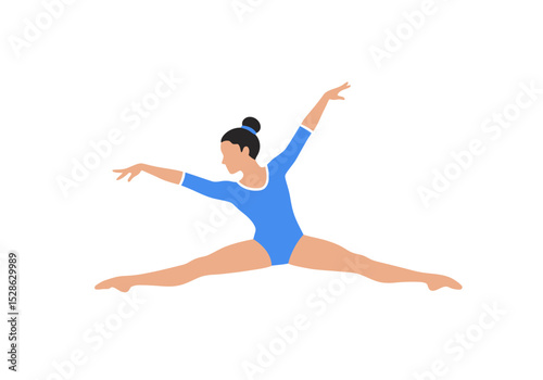 Gymnast in a blue leotard doing a split with outstretched arms