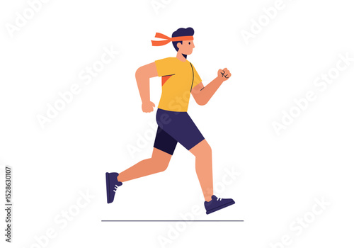 Man in athletic wear runs head band yellow shirt navy shorts and shoes