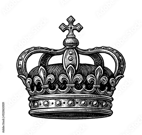 Detailed Engraving of a Crown with Fleur de Lis Design in Black and White