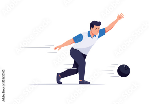 Man in bowling stance releases a bowling ball with motion lines indicating its speed
