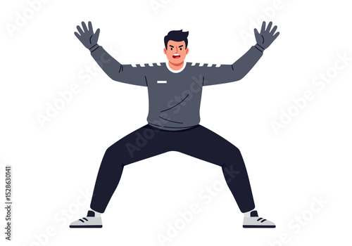 Man in goalie pose hands up wide stance wearing gloves grey clothes