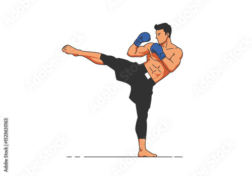 Man midkick in blue boxing gloves
