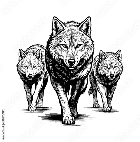 Three Wolves Walking Forward with Serious Expression in Detailed Black and White Engraving Style