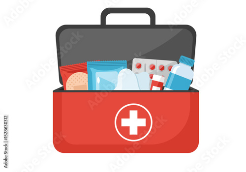 Open red first aid kit box filled with medical supplies and a white cross on the front