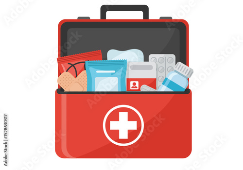 Open first aid kit filled with medical supplies showing bandages pills and various packages