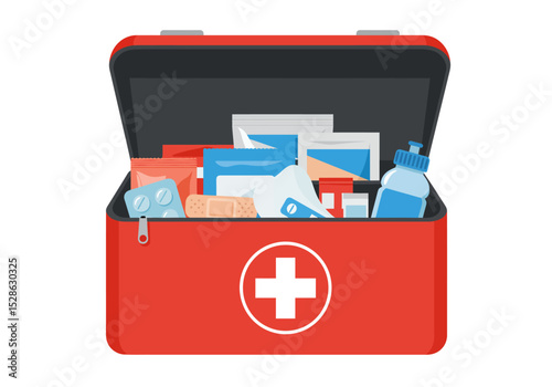 Open red first aid kit with supplies including bandages medicine and a water bottle