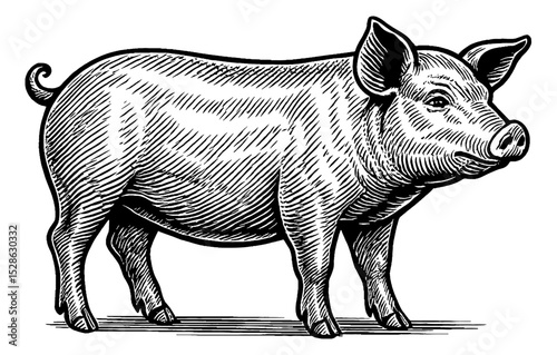 Engraved Illustration of a Pig Standing in Profile with Detailed Line Work on White Background