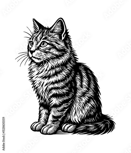 Detailed black and white engraving of a fluffy tabby cat sitting and looking to the side