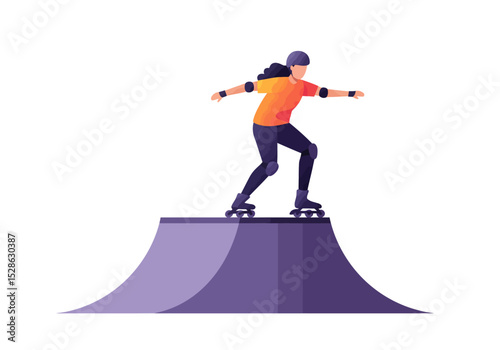 Roller skater on ramp wearing protective gear in orange shirt and purple pants