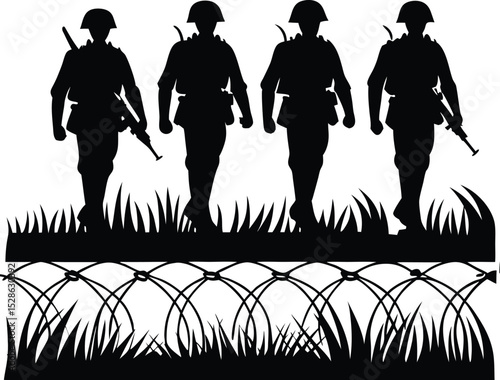Three silhouetted soldiers walking over barbed wire fence