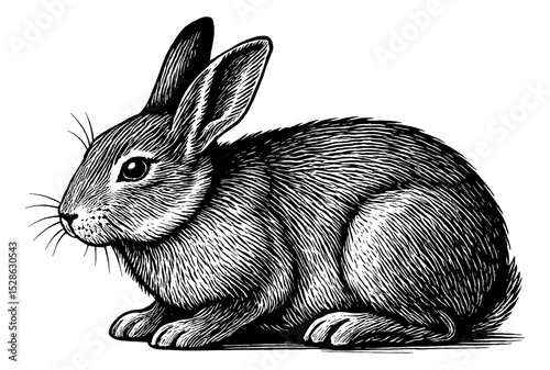 Detailed Black and White Engraving of a Sitting Rabbit Profile View