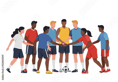 Soccer team with hands stacked over ball