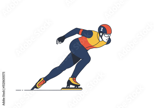Speed skater in motion wearing helmet  visor number 1 redyellow top navy suit black gloves orange boots skates on ice