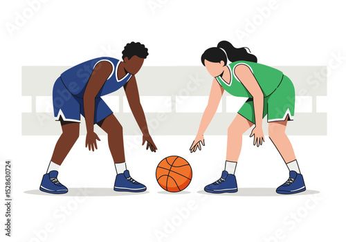 Two basketball players face off over a ball ready for a game