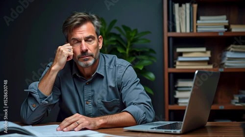 Thoughtful man in a gray shirt sitting at a desk with a laptop, surrounded by books and plants