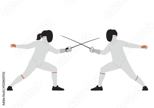Two fencers in white suits and masks duel with foils