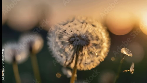 Dandelion seeds blowing in golden sunset light