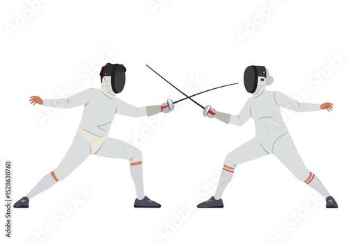 Two fencers in white uniforms clash foils crossed masked faces locked in combat