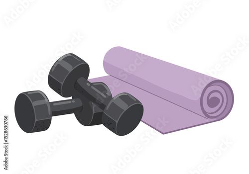 Two dumbbells sit next to a partially rolled lightpurple yoga mat on a white background