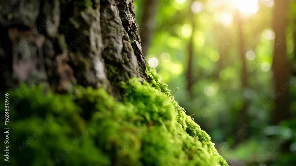 Close-up of vibrant green moss covering the bark of a tree in a lush, sun-dappled forest environment