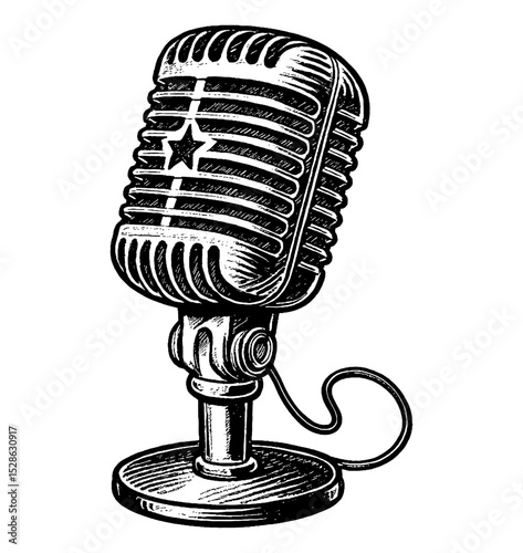 Detailed Black and White Illustration of a Vintage Microphone with Star