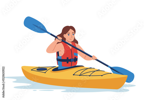 Woman kayaking with paddle wearing life jacket in yellow kayak on water