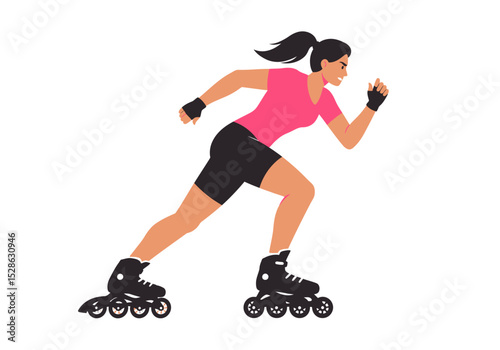 Vector Woman in a pink shirt and black shorts rollerskating