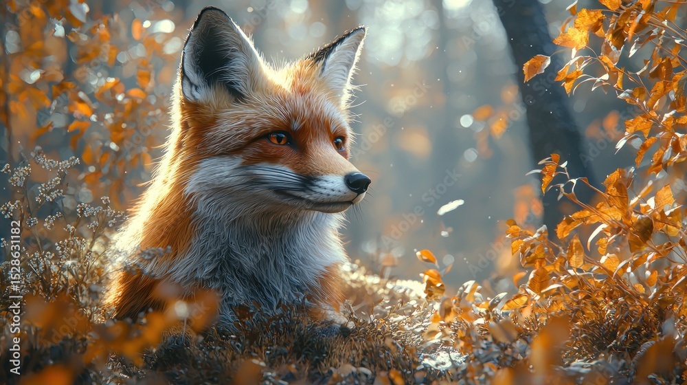 Fototapeta premium Foxy red fox amidst autumnal foliage