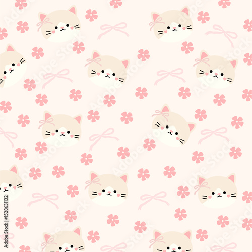 cats, bows and small flower seamless pattern. vector illustration.