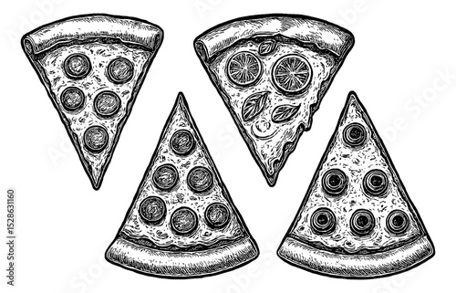 Four Slices of Pizza with Pepperoni and Lemon in Detailed Hand Drawn Style