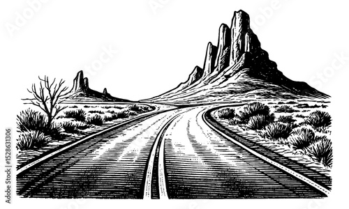 Engraved Road Leading to Monument Valley with Bushes and Tree in Black and White