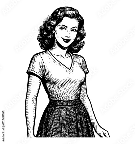 Illustration of a woman with curly hair in T-shirt and skirt in black and white, pinup style