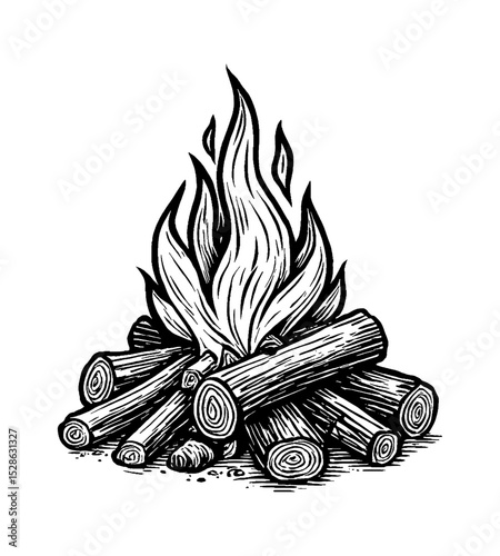 A Campfire Engraving Style with Burning Wood and Glowing Flames on White Background