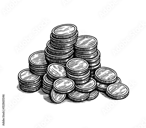 Stack of Coins Detailed Engraved Illustration in Black and White Shaded