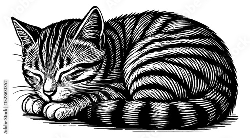 Engraved Illustration of a Striped Cat Curled Up and Sleeping Peacefully in Black and White