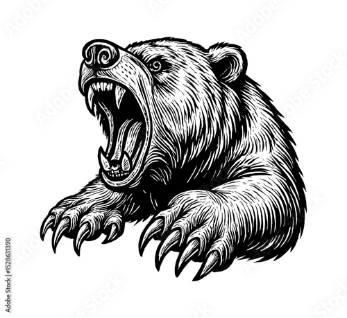 Aggressive Bear Growling in Black and White Engraving Style Illustration, Wild Animal Portrait