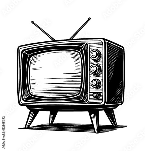 Vintage Television Set Illustration with Antennae in Black and White Engraving Style