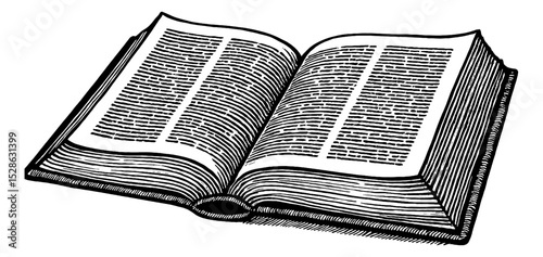 Open Book with Text in Black and White Line Art Illustration Style
