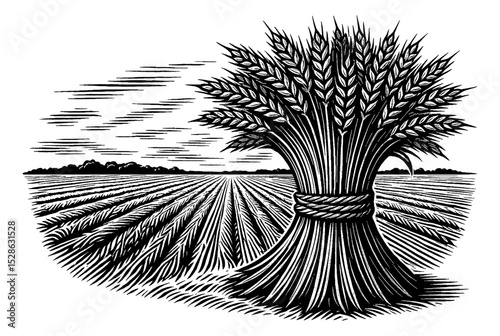 Black and White Engraving of Wheat Sheaf in Field with Horizon and Sky