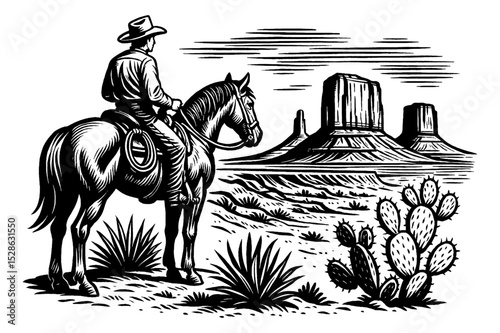Cowboy Riding Horse in Western Landscape with Cactus and Mountains Line Art
