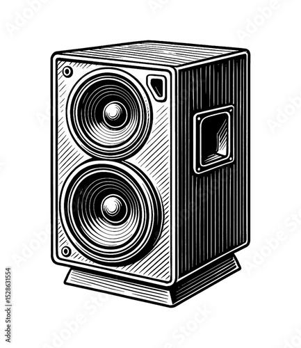 Detailed Black and White Engraved Illustration of a Speaker on a White Background
