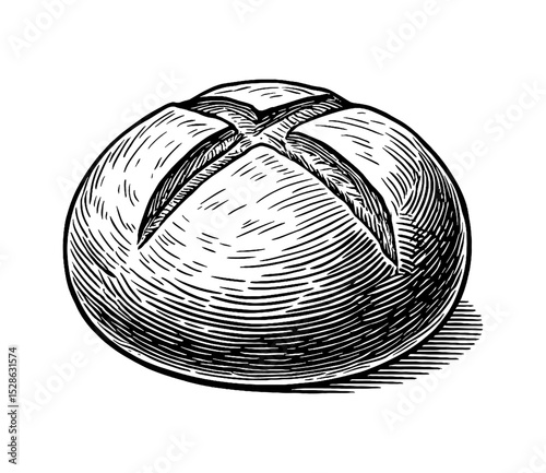 Engraved Style Illustration of a Round Bread Loaf, Black and White Cross Cut Detailing