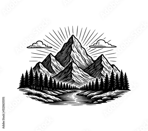 Mountain Range with Forest and River Engraving Style Black and White Detailed Landscape