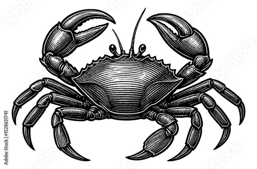 Detailed Engraving Illustration of a Crab with Raised Claws on White Background